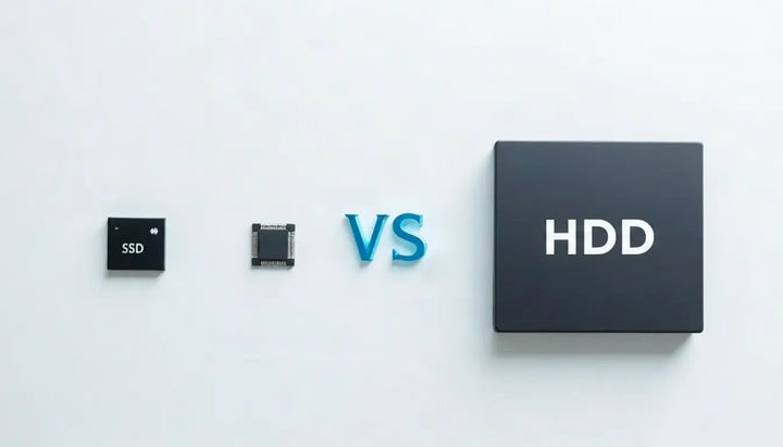 Mini SSDs are on the left, an HDD enclosure is on the right, with the text "VS" in the middle.