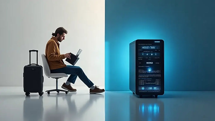 On the left there is a man sitting on a chair next to his luggage, on the right there is a home server glowing with blue lights in the background