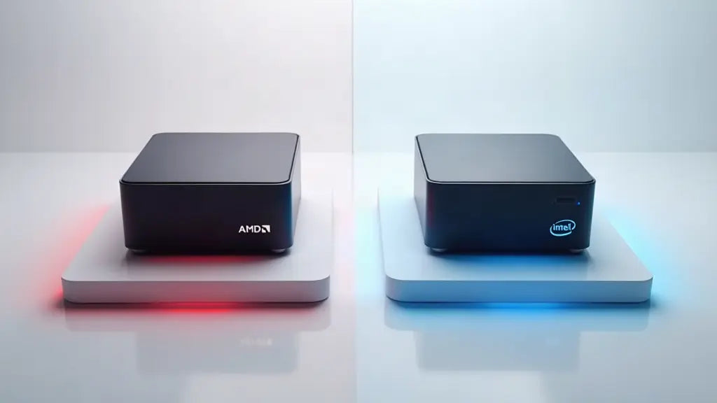 Left: a PC with "AMD" printed on its box; Right: a PC with "Intel" printed on its box. The left box has red glowing lights underneath, the right one has blue glowing lights underneath.
