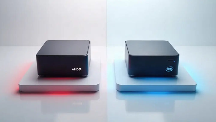 Left: a PC with "AMD" printed on its box; Right: a PC with "Intel" printed on its box. The left box has red glowing lights underneath, the right one has blue glowing lights underneath.