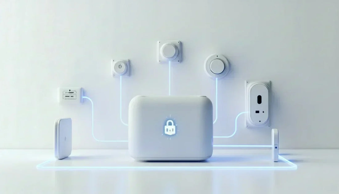 A Mini PC linked to multiple home devices by bluish connecting lines